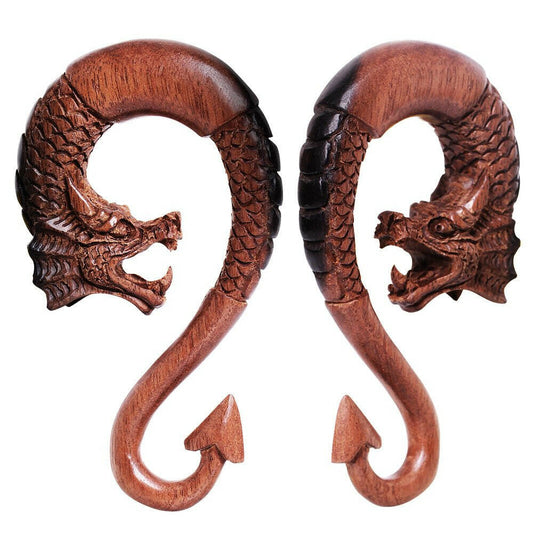 Pair of Ebony Wood Dragon Ornamental Hanging Taper with Arrow Tail Tapers Impulse Piercings 0GA