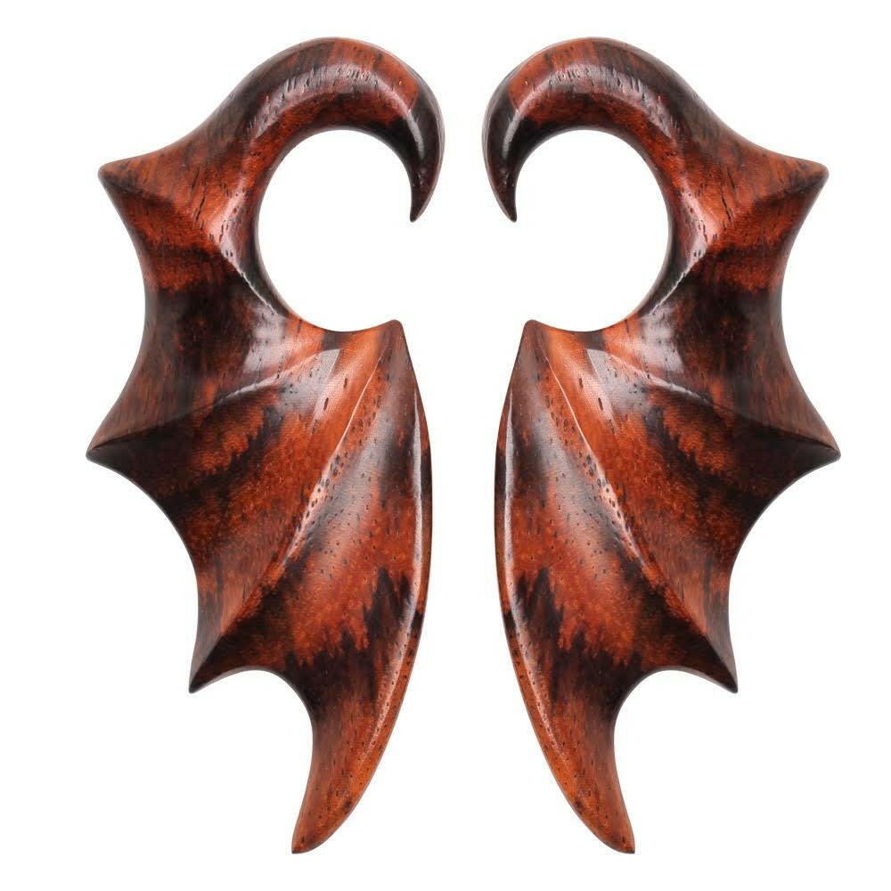 Pair of Sono Wood Bat Wing Ornamental Hanging Taper Tapers Impulse Piercings 6GA