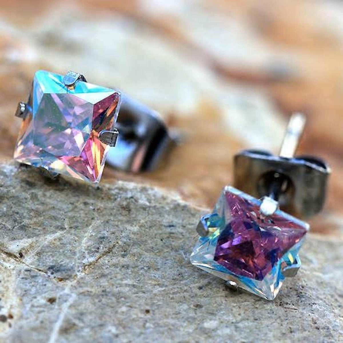 Pair of Stainless Steel Aurora Borealis Princess Cut CZ Stud Earrings