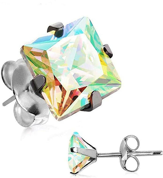 Pair of Stainless Steel Aurora Borealis Princess Cut CZ Stud Earrings