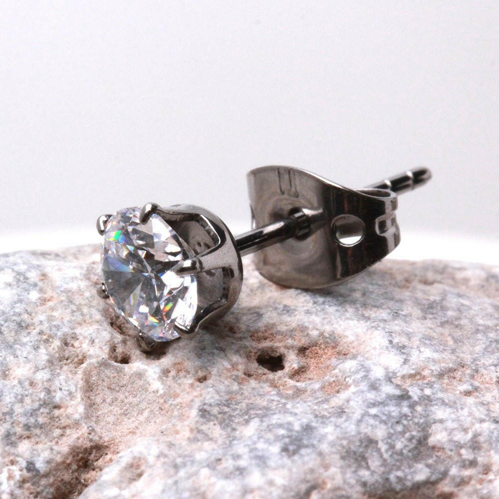 Pair of Titanium Clear Round CZ Stud Earrings Earring Impulse Piercings