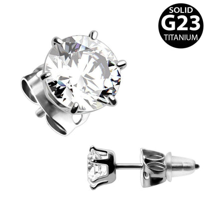 Pair of Titanium Clear Round CZ Stud Earrings Earring Impulse Piercings