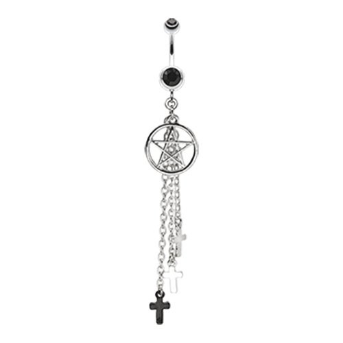 Pentagram Triple Cross Charm Dangle Belly Button Ring Navel Ring Impulse Piercings Black