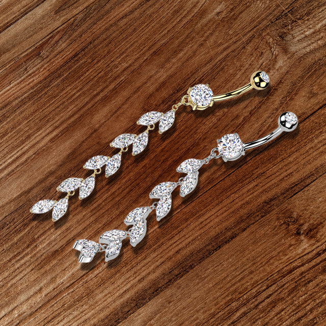 Surgical Steel Double Jeweled Belly Button Ring With Vertical Drop Marquise CZ Petals Navel Rings Skin Metals