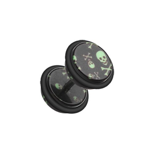 Pirate Print Acrylic Fake Plug with O-Rings Fake Plug Impulse Piercings 16 gauge (1.2mm) Black