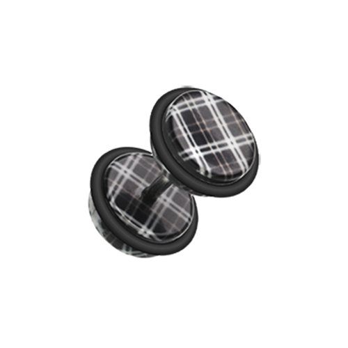 Plaid Checkers Acrylic Fake Plug Earrings with O-Rings Fake Plug Earrings Impulse Piercings 16 GA (1.2mm) Black