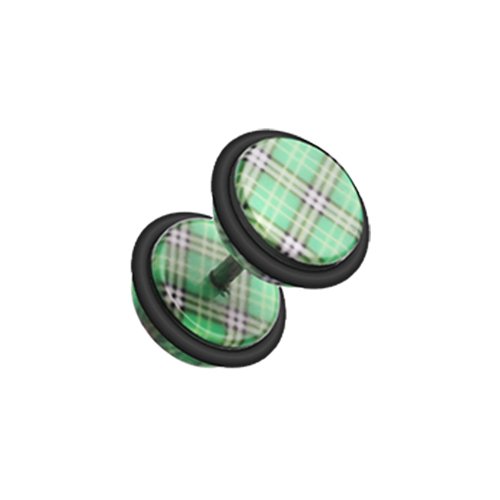 Plaid Checkers Acrylic Fake Plug Earrings with O-Rings Fake Plug Earrings Impulse Piercings 16 GA (1.2mm) Green