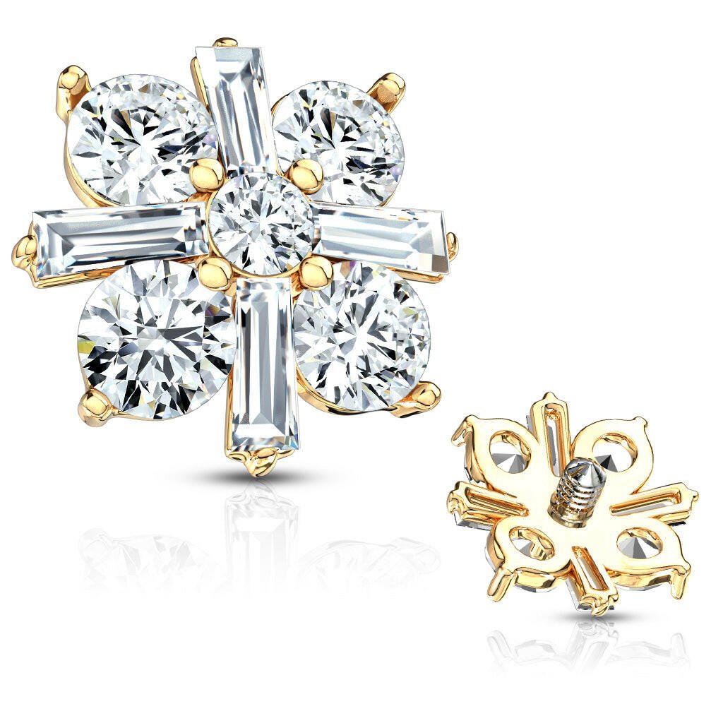 Princess Cut CZ Crossed CZ Square Internally Threaded Dermal Top Dermal Top Impulse Piercings Gold