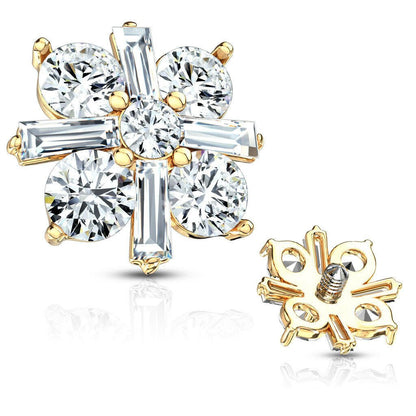 Princess Cut CZ Crossed CZ Square Internally Threaded Dermal Top Dermal Top Impulse Piercings Gold
