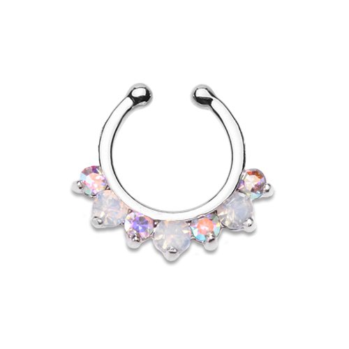 Prong Opal Gem Precia Fake Septum Clip-On Ring Fake Septum Ring Impulse Piercings Aurora Borealis/White