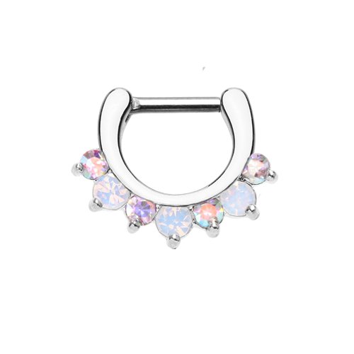 Prong Opal Gem Precia Septum Clicker Septum Ring Impulse Piercings 16 GA (1.2mm) 1/4" (6mm) Aurora Borealis/White