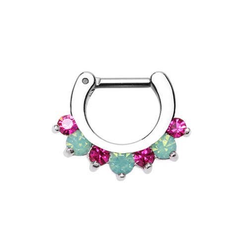 Prong Opal Gem Precia Septum Clicker Septum Ring Impulse Piercings 16 GA (1.2mm) 1/4" (6mm) Fuchsia/ Pacific Opal