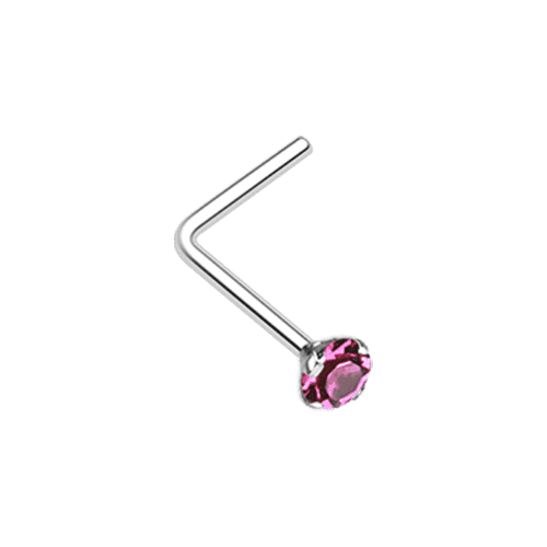 Prong Set Gem Top Steel L-Shaped Nose Ring Nose Ring Impulse Piercings 20 GA (0.8mm) 3/32" (2mm) Fuchsia