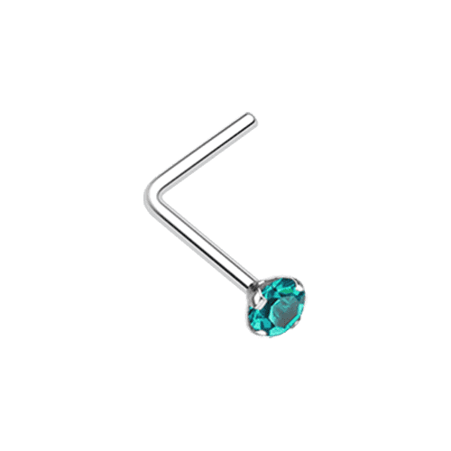 Prong Set Gem Top Steel L-Shaped Nose Ring Nose Ring Impulse Piercings 20 GA (0.8mm) 3/32" (2mm) Teal