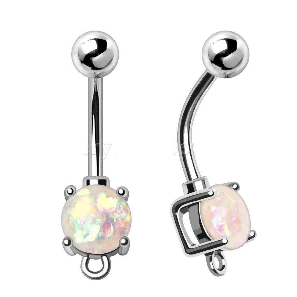 Prong Set White Synthetic Opal Navel Ring with Ring to Attach Dangle Navel Ring Impulse Piercings