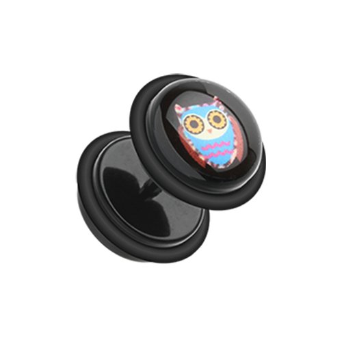 Psychedelic Retro Owl Acrylic Fake Plug with O-Rings Fake Plug Impulse Piercings 16 gauge (1.2mm)