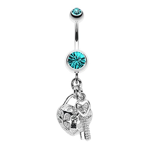 Puffed Heart Lock & Key Charm Dangle Belly Button Ring Navel Ring Impulse Piercings Teal