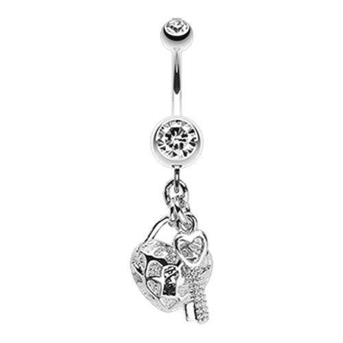 Puffed Heart Lock & Key Charm Dangle Belly Button Ring Navel Ring Impulse Piercings Clear