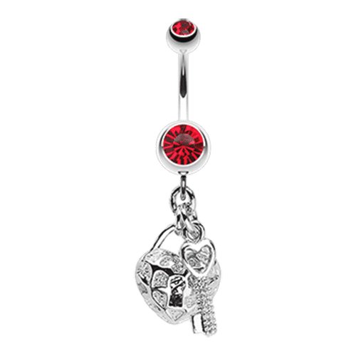 Puffed Heart Lock & Key Charm Dangle Belly Button Ring Navel Ring Impulse Piercings Red