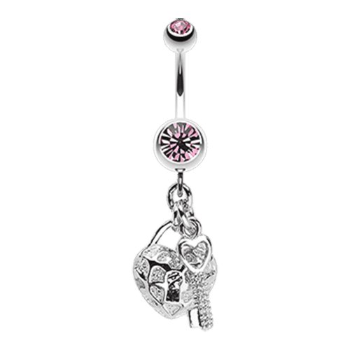 Puffed Heart Lock & Key Charm Dangle Belly Button Ring Navel Ring Impulse Piercings Light Pink