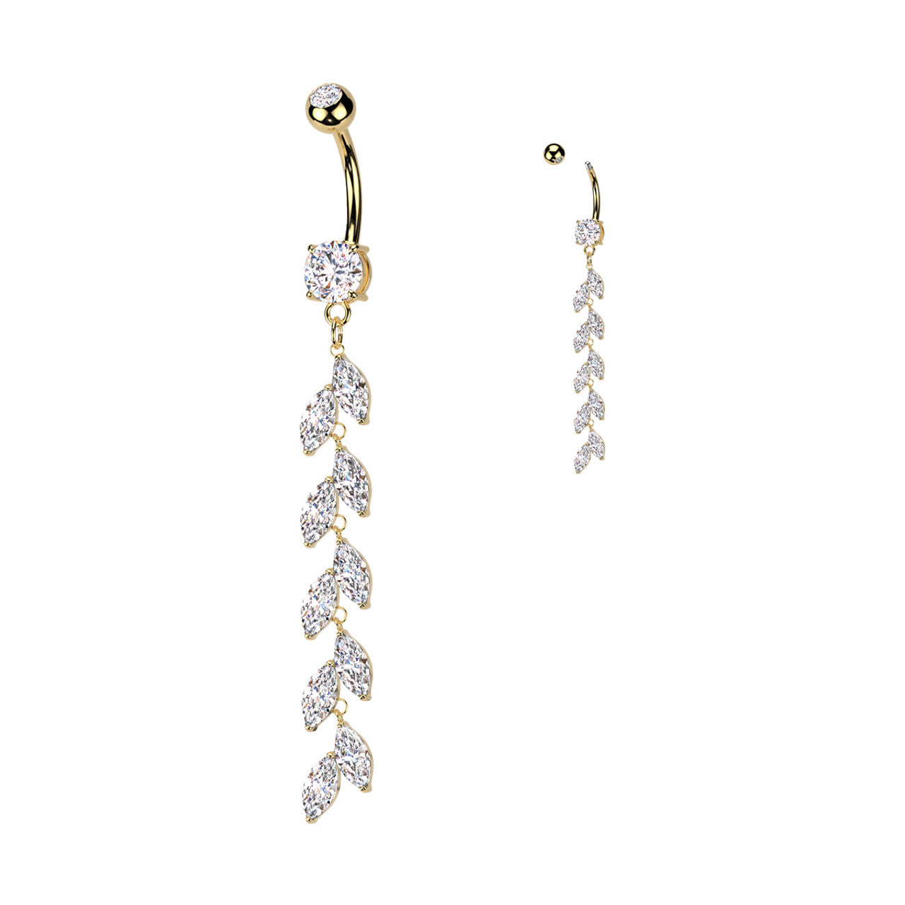 Surgical Steel Double Jeweled Belly Button Ring With Vertical Drop Marquise CZ Petals Navel Rings Skin Metals