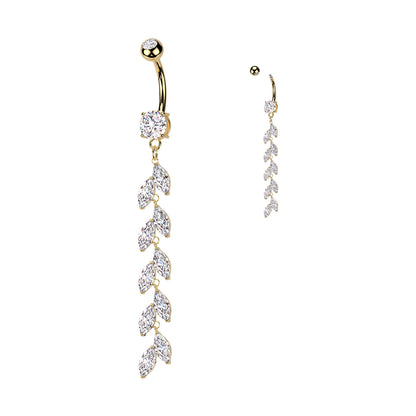 Surgical Steel Double Jeweled Belly Button Ring With Vertical Drop Marquise CZ Petals Navel Rings Skin Metals