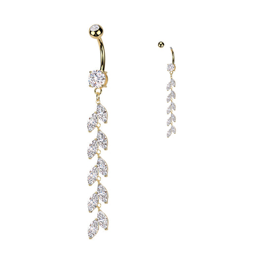 Surgical Steel Double Jeweled Belly Button Ring With Vertical Drop Marquise CZ Petals Navel Rings Skin Metals