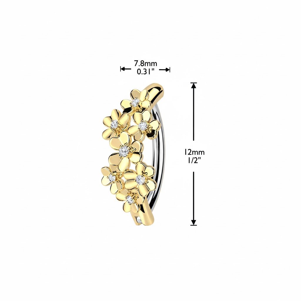 PVD Hinged Belly Button Ring with CZ Flower Design — 316L Surgical Steel