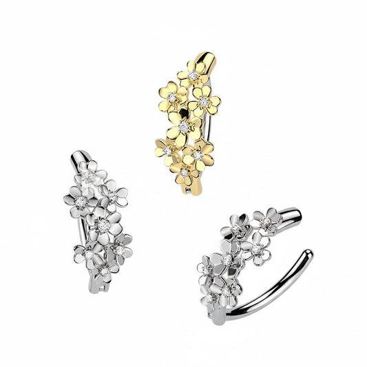 PVD Hinged Belly Button Ring with CZ Flower Design — 316L Surgical Steel