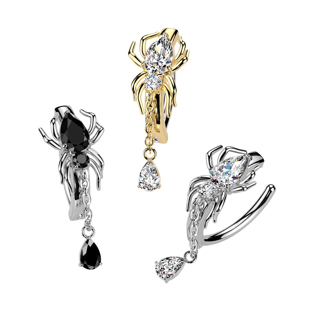 PVD Hinged CZ Spider Belly Button Ring with Teardrop Dangle — 316L Surgical Steel