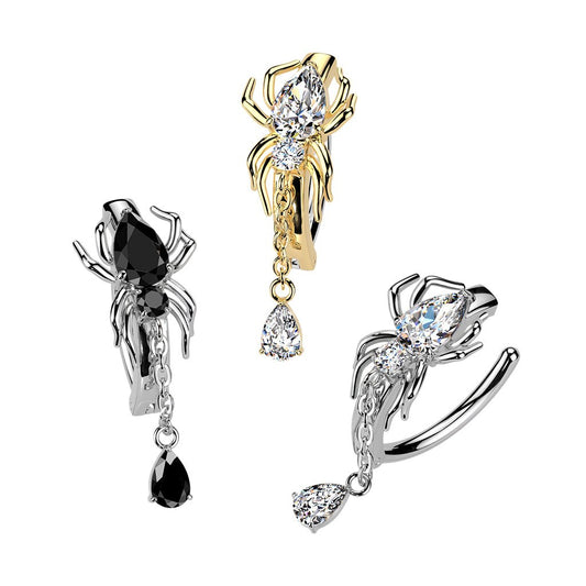 PVD Hinged CZ Spider Belly Button Ring with Teardrop Dangle — 316L Surgical Steel