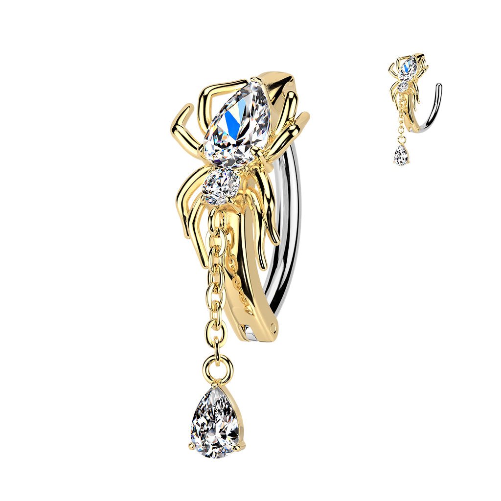 PVD Hinged CZ Spider Belly Button Ring with Teardrop Dangle — 316L Surgical Steel