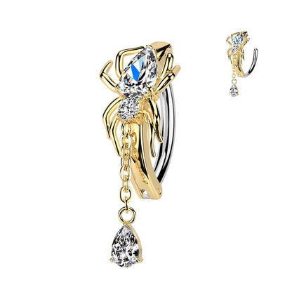PVD Hinged CZ Spider Belly Button Ring with Teardrop Dangle — 316L Surgical Steel