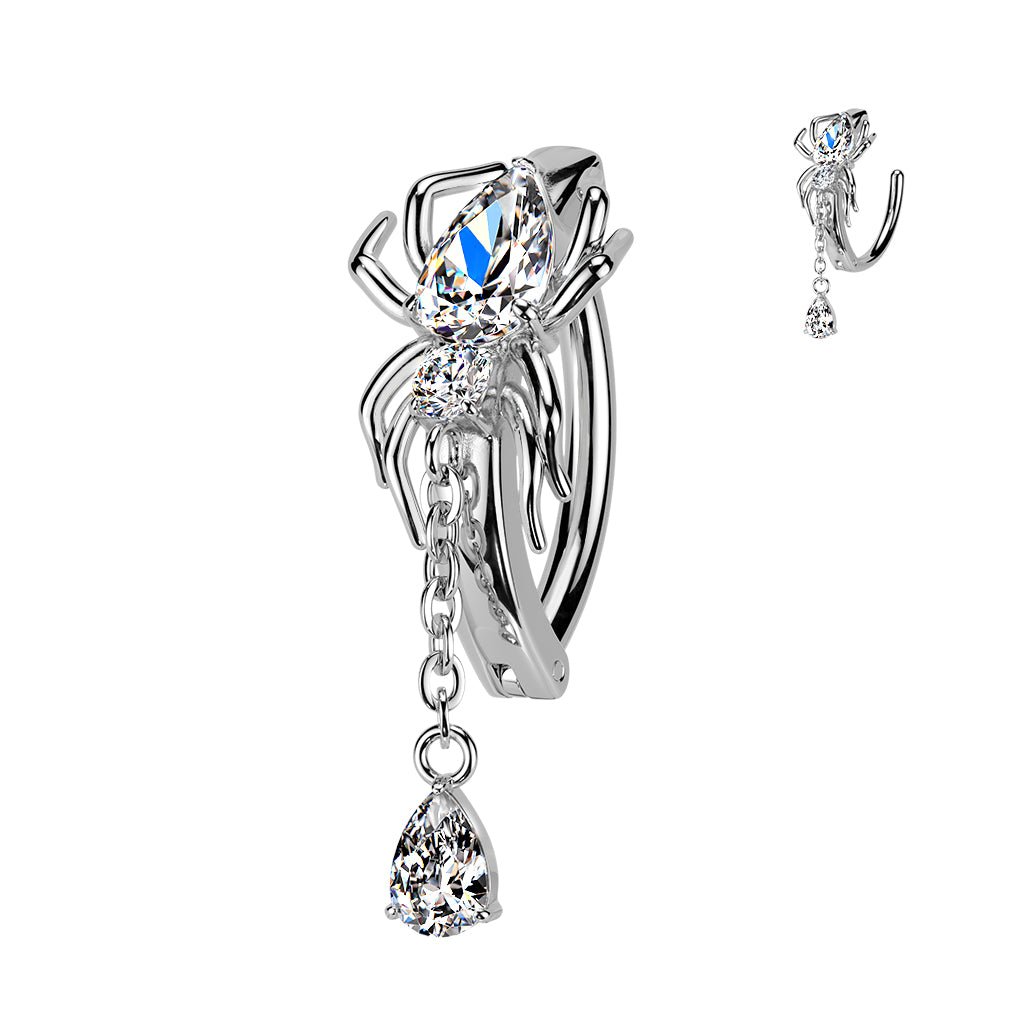 PVD Hinged CZ Spider Belly Button Ring with Teardrop Dangle — 316L Surgical Steel