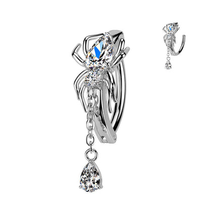 PVD Hinged CZ Spider Belly Button Ring with Teardrop Dangle — 316L Surgical Steel