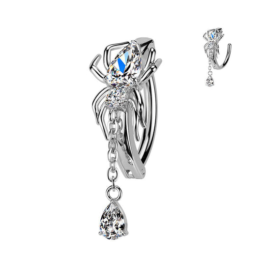 PVD Hinged CZ Spider Belly Button Ring with Teardrop Dangle — 316L Surgical Steel
