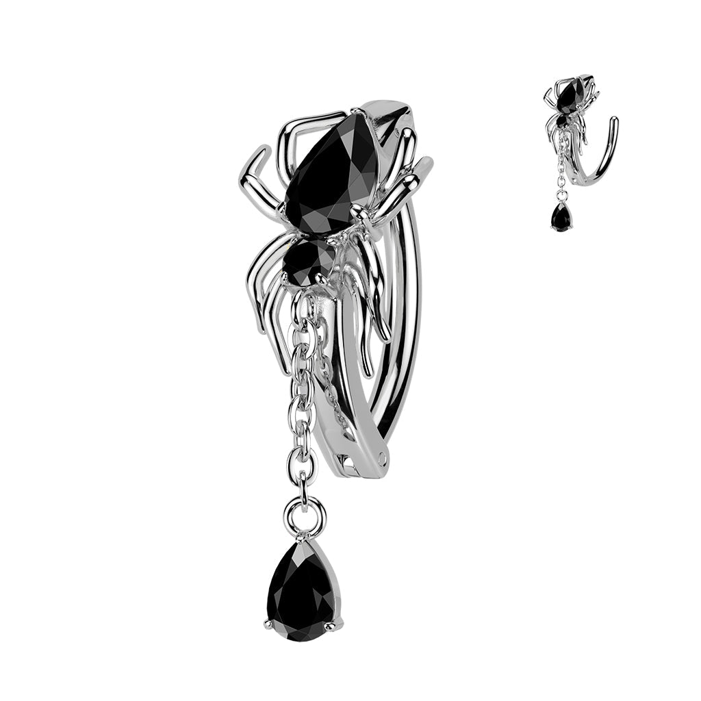 PVD Hinged CZ Spider Belly Button Ring with Teardrop Dangle — 316L Surgical Steel