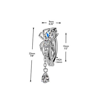 PVD Hinged CZ Spider Belly Button Ring with Teardrop Dangle — 316L Surgical Steel