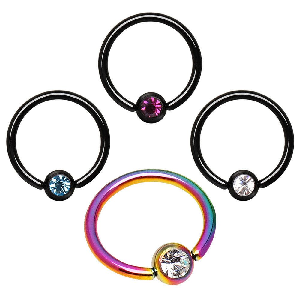 PVD Plated Captive Bead Ring with Gemmed Dimple Ball Captive Bead Impulse Piercings Clear