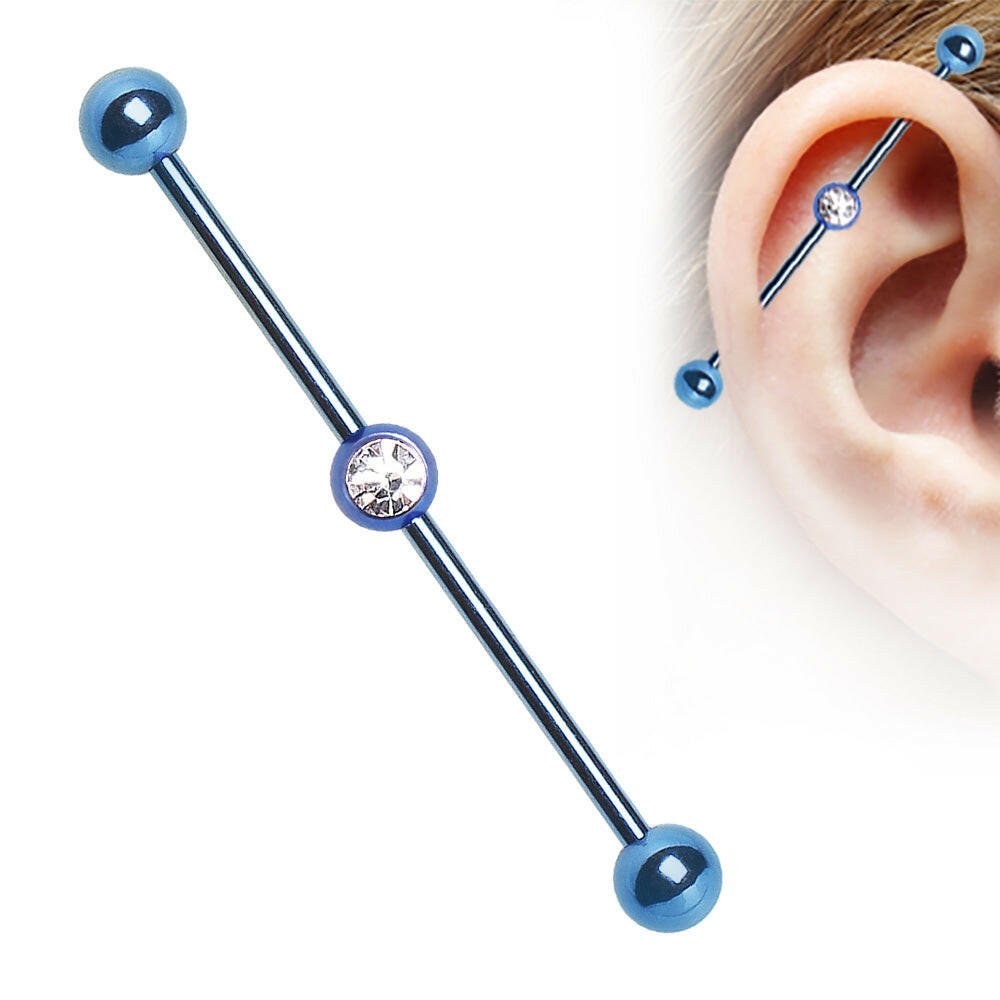 PVD Plated Industrial Barbell with Gem Ball in the Center Industrial Barbell Impulse Piercings