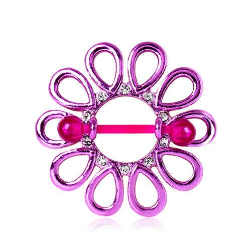 PVD Plated Purple Gemmed Flower Burst Nipple Shield with BioFlex Bar Nipple Ring Impulse Piercings