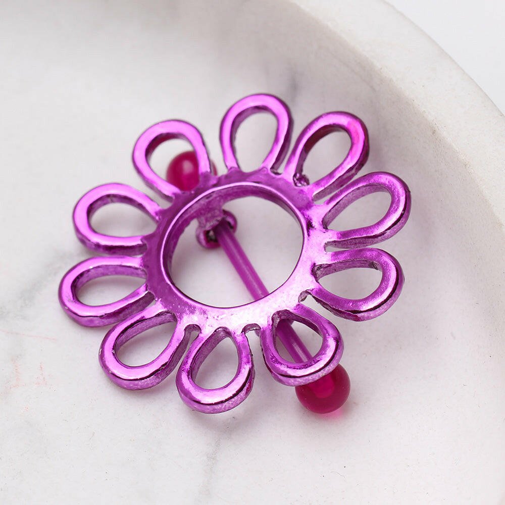 PVD Plated Purple Gemmed Flower Burst Nipple Shield with BioFlex Bar Nipple Ring Impulse Piercings