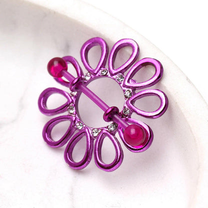 PVD Plated Purple Gemmed Flower Burst Nipple Shield with BioFlex Bar Nipple Ring Impulse Piercings