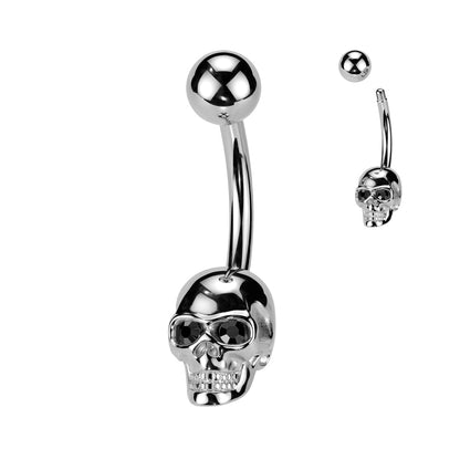 PVD Skull Belly Button Ring with CZ Gem Eyes — 316L Surgical Steel