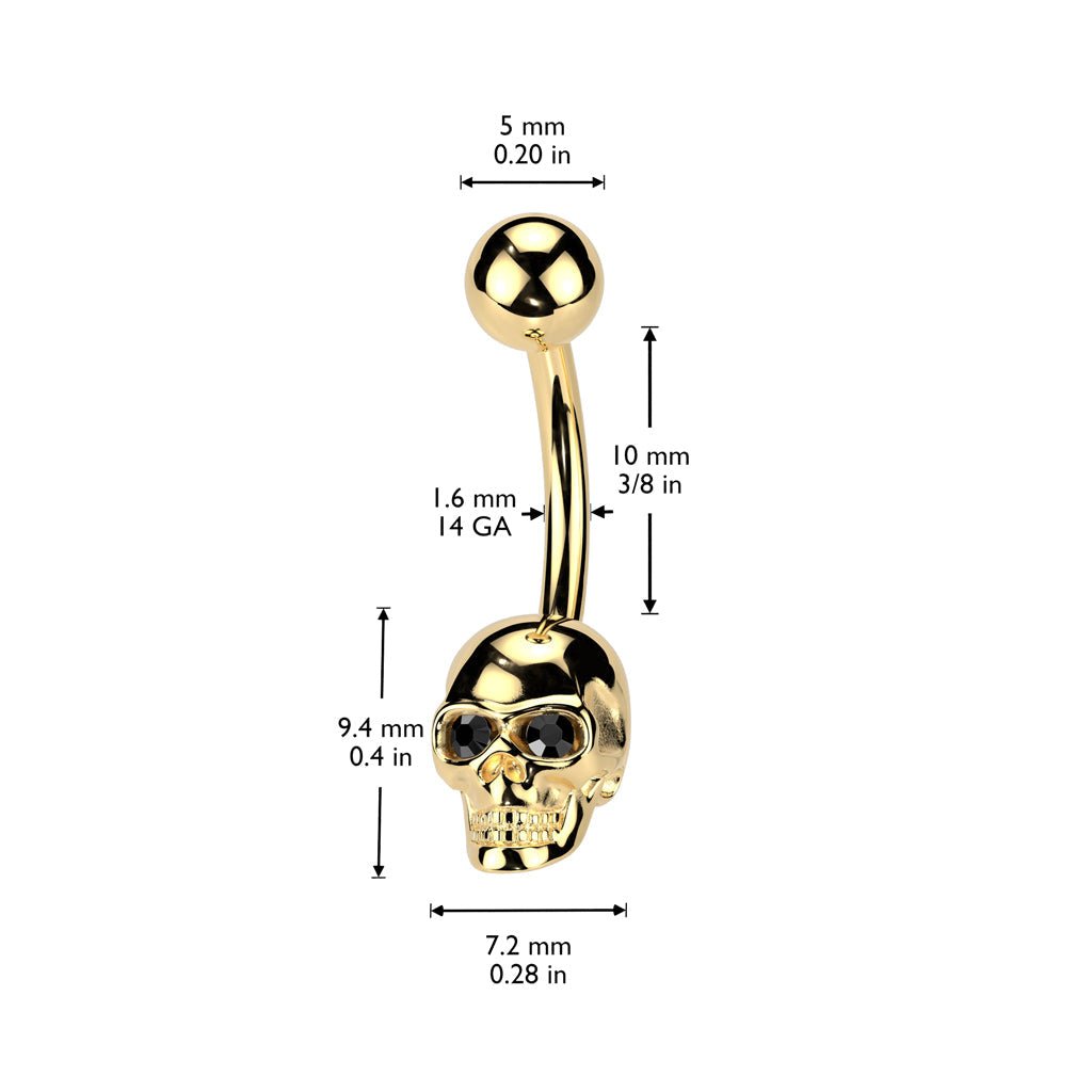 PVD Skull Belly Button Ring with CZ Gem Eyes — 316L Surgical Steel