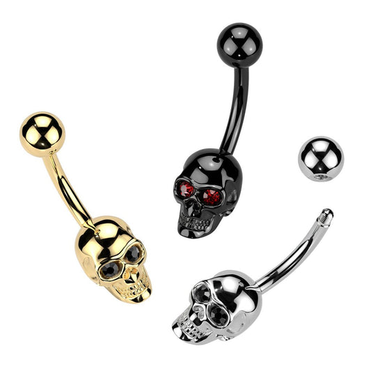 PVD Skull Belly Button Ring with CZ Gem Eyes — 316L Surgical Steel