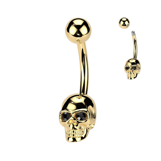 PVD Skull Belly Button Ring with CZ Gem Eyes — 316L Surgical Steel