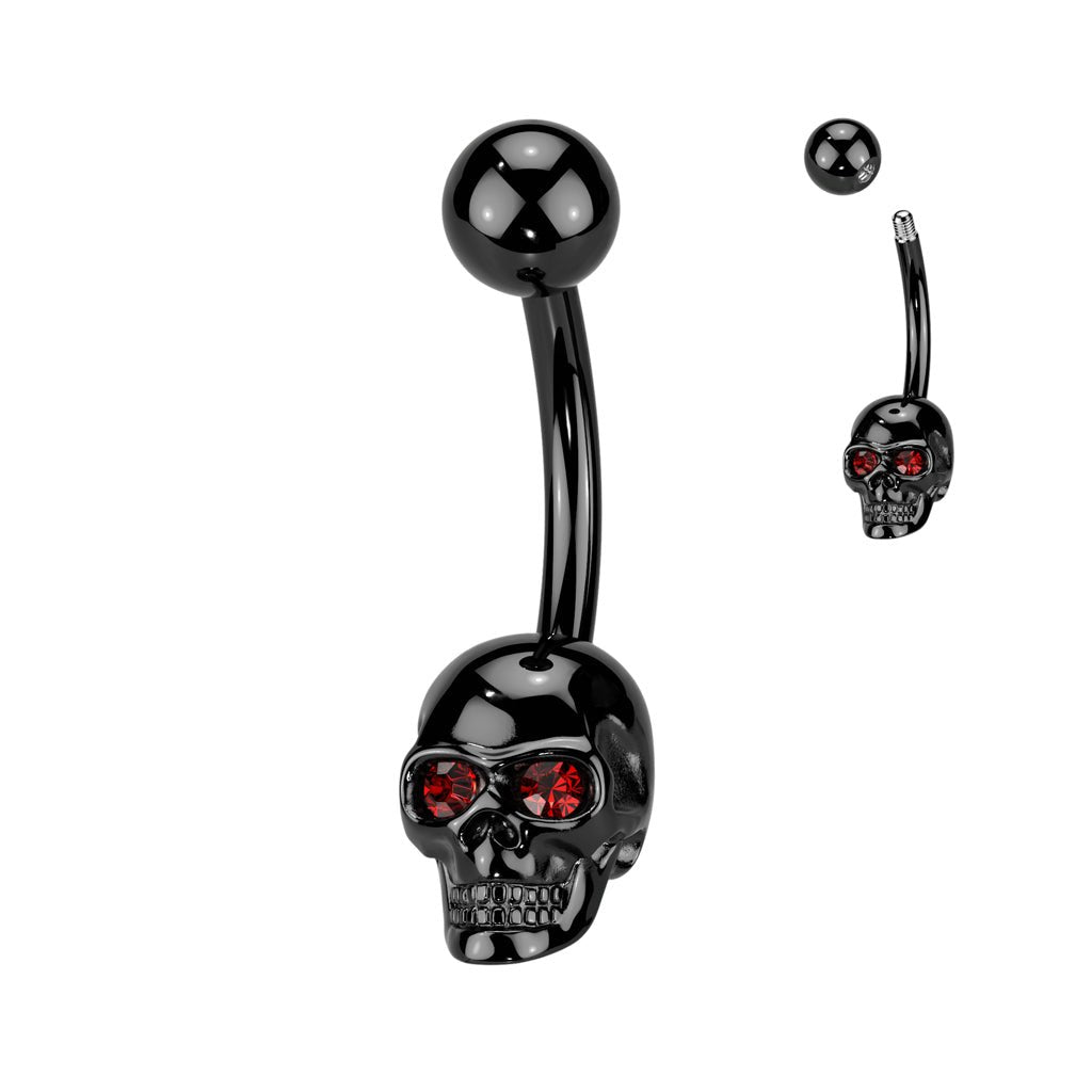 PVD Skull Belly Button Ring with CZ Gem Eyes — 316L Surgical Steel