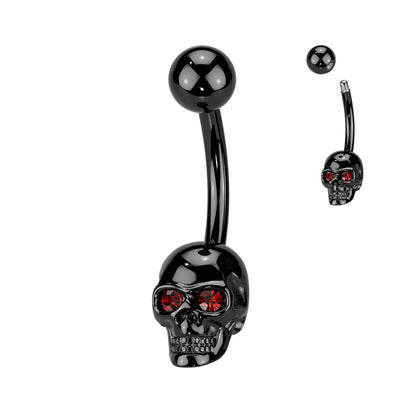PVD Skull Belly Button Ring with CZ Gem Eyes — 316L Surgical Steel
