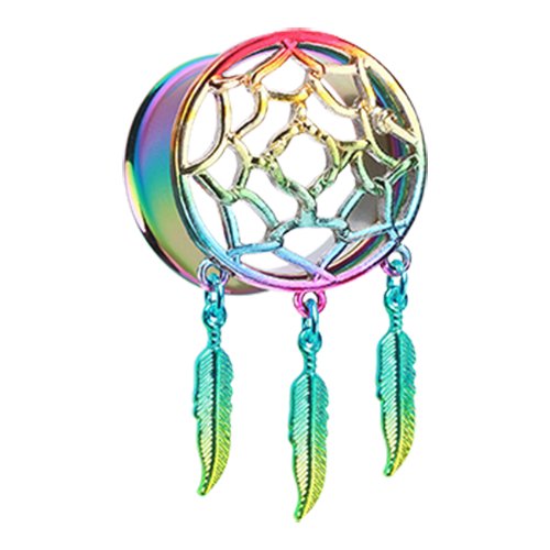 Rainbow Dreamcatcher Feather Dangle Ear Gauge Plug Plugs Impulse Piercings 6 gauge (4mm)